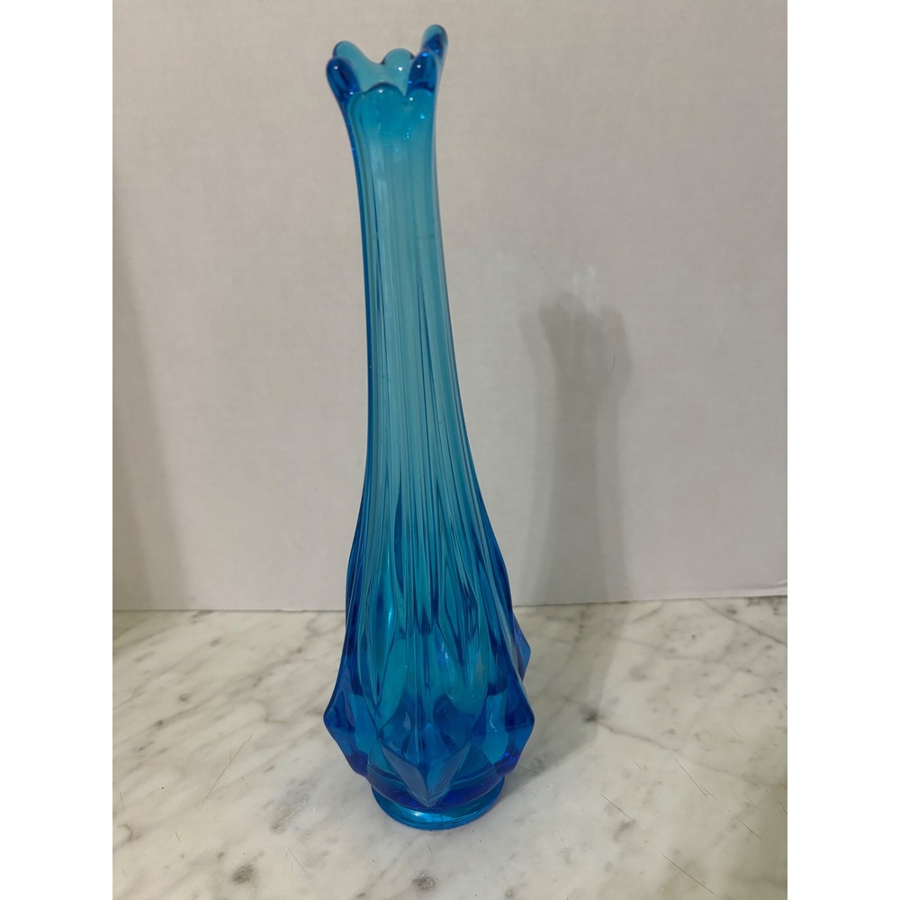 Viking 19.5 Bluenique Swung Glass Bud Vase Mid Century Modern Ruffled Rim